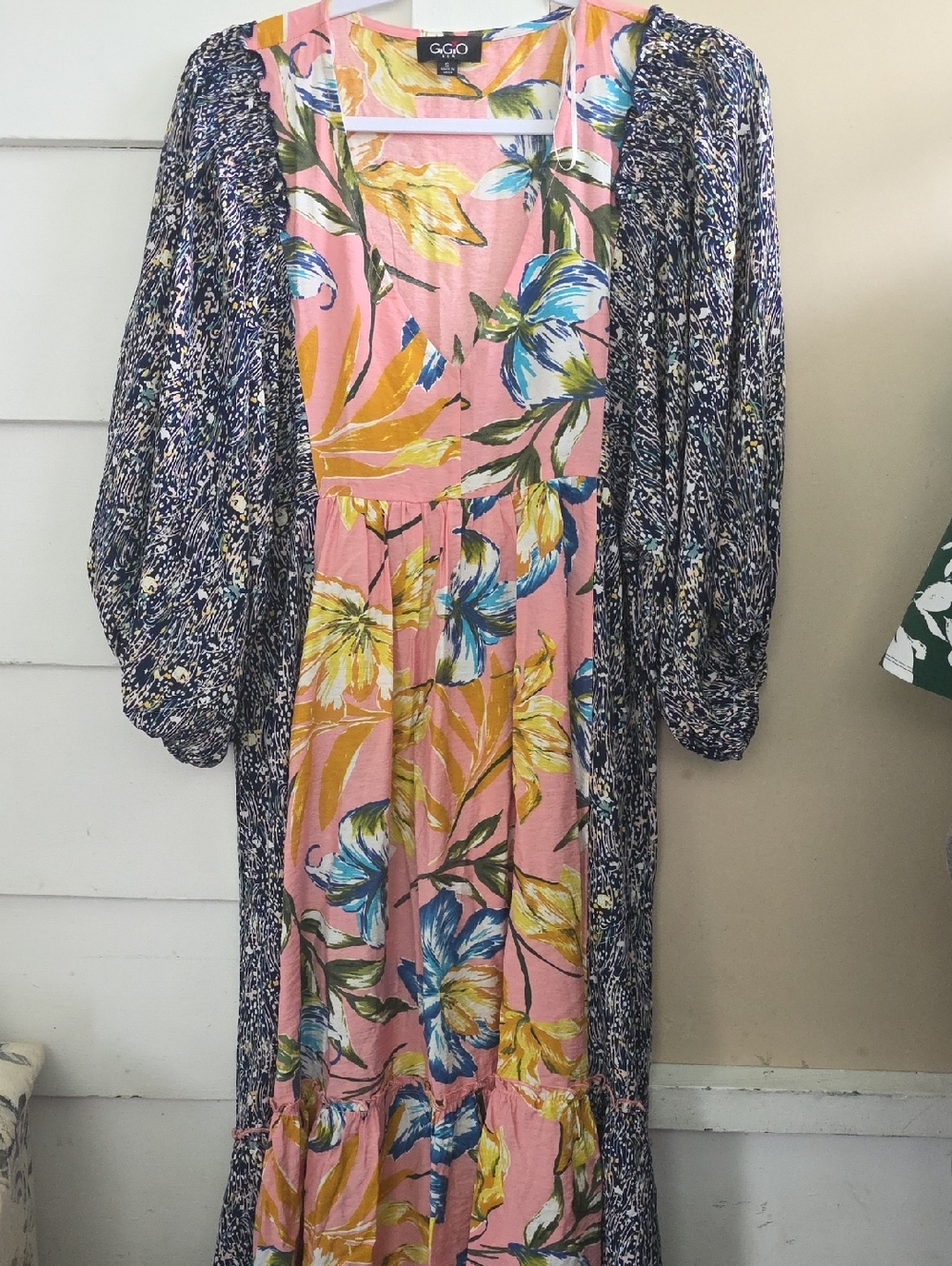 G.O. Pink Floral Maxi Dress with Navy Kimono